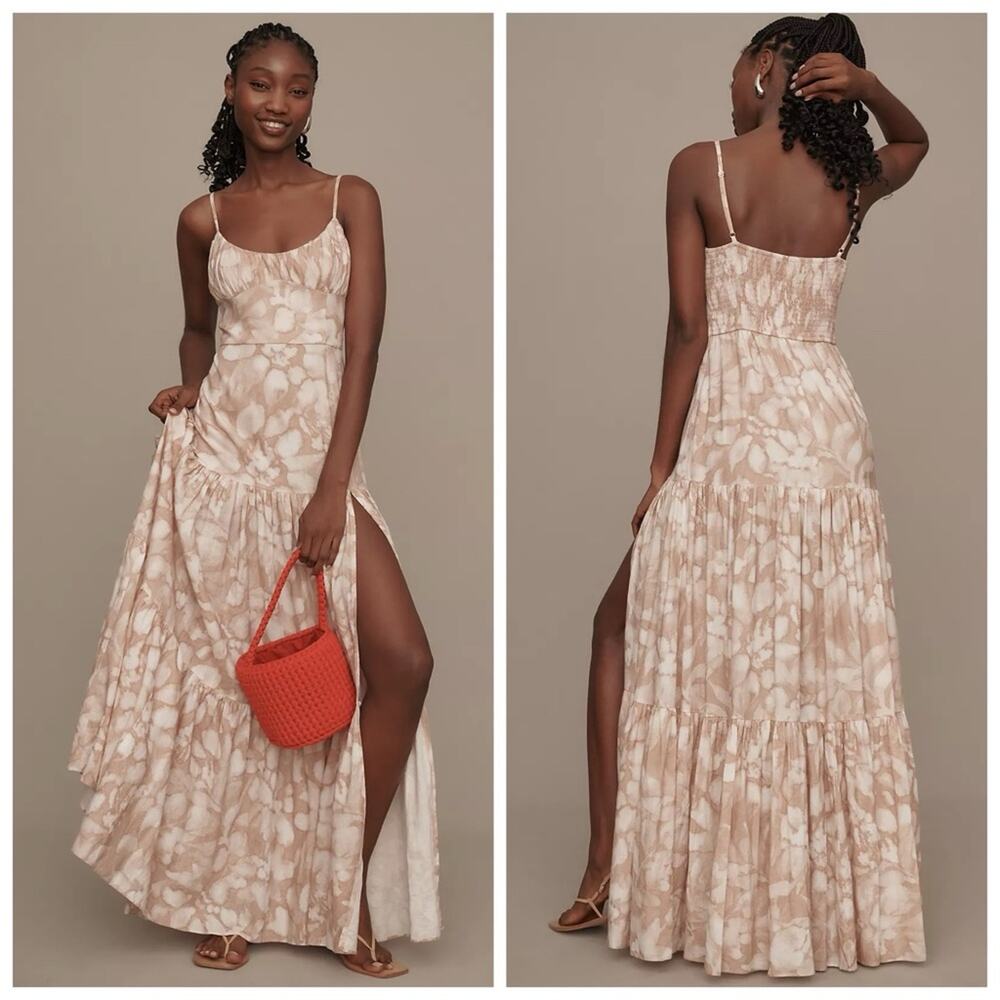 Hutch Anthropologie NEW Aurora Linen Smocked Sleeveless Maxi Dress Brown 14W